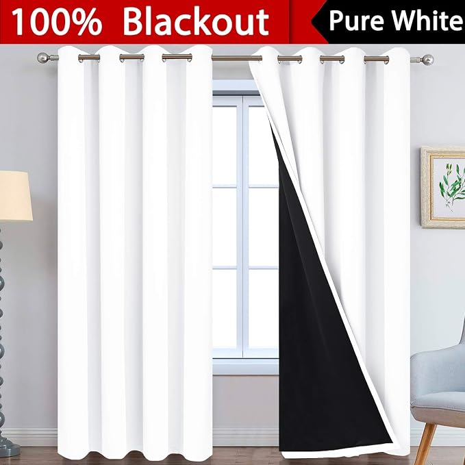 Yakamok Pure White 100% Blackout Curtains 96 Inches Long 52" Wide 2 Panel | Blackout Curtain Panels for Bedroom, 2 Thick Layers Grommet Top Thermal Insulated Drapes with Black Liner for Living Room