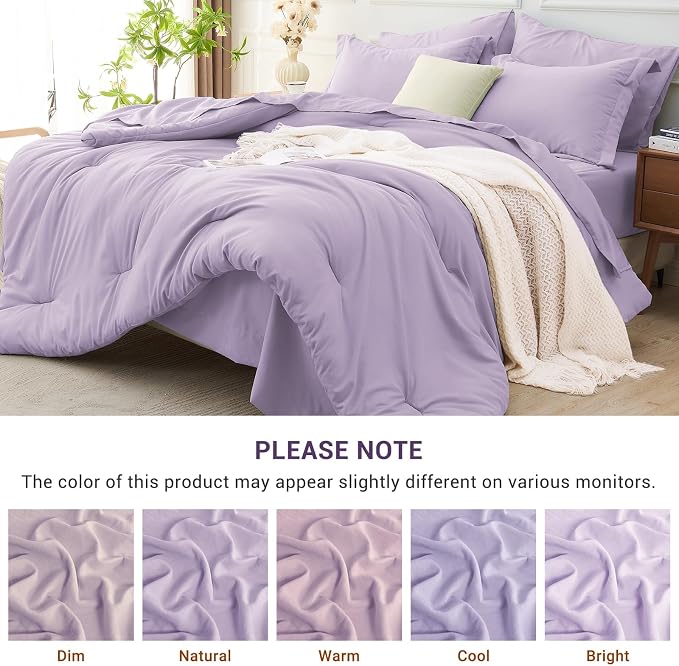 7 Pieces California King Comforter Set, Soft Bed in a Bag Cal King Size, All Season Bedding Set with Comforter, Flat Sheet, Fitted Sheet, Pillowcases & Shams, Lavender