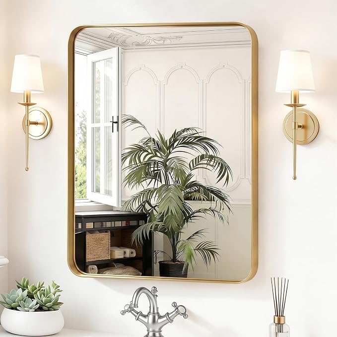 Sweetcrispy Bathroom Wall Mirror, 32x24 Inch Mirror for Over Sink, Gold | Modern Wall Mount Vanity Mirror, Rounded Rectangle with Matte Brush Metal Framed, for Home Decor, Living Room, Bedroom