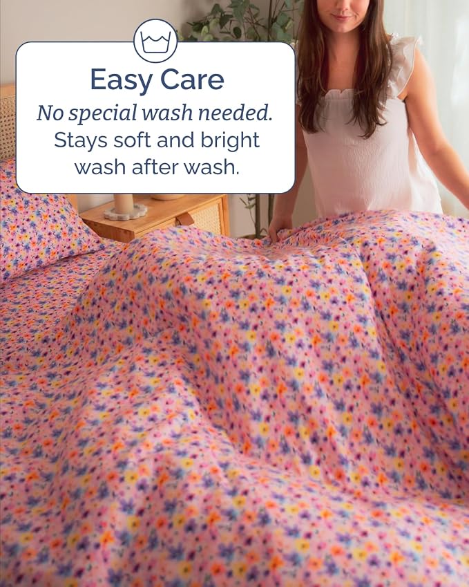 Twin XL 3 Piece Floral Sheet Set - Breathable & Cooling - Watercolor Bloom | 1 Flat, 1 Fitted & 1 Pillowcase w/ Deep Pockets, Boho Botanical Floral Bedding, Breathable & Cooling, Wrinkle & Fade Free
