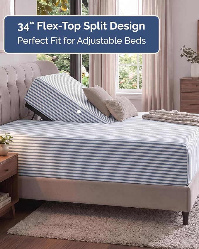 Extra Deep Flex Top Split Head King Fitted Sheet Only - Blue Stripes | Easily Fits 18 inch to 24 inch Mattress, Soft, Wrinkle Free, Breathable & Comfy, Extra Deep Pockets Hotel Luxury Fitted Sheet