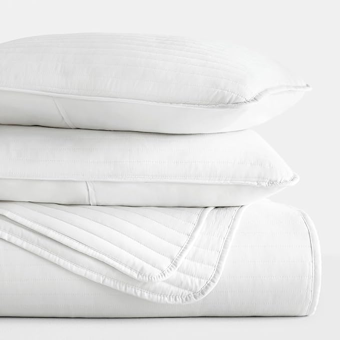 Merit Linens Modern Quilt Coverlet Soft Set in Stripe Stitching - Twin/TwinXL White