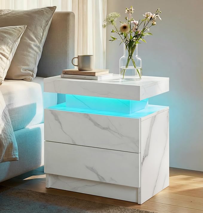 i-aplus LED Nightstand with Wood 2 Drawers Modern Bedside Table for Bedroom | Nightstands with App-Controlled RGB LED Lights, Night Stand with Storgae Drawer, Modern Bedside Table for Bedroom
