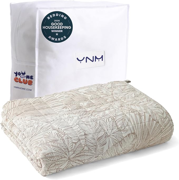 YnM King Size Linen Weighted Blanket for Adults (88x104 Inches, 50 Pounds, Palm Tree), Exclusive Smallest Compartments with Glass Beads, Extra Heavy Bed Blanket for Two Persons on Queen or King Bed