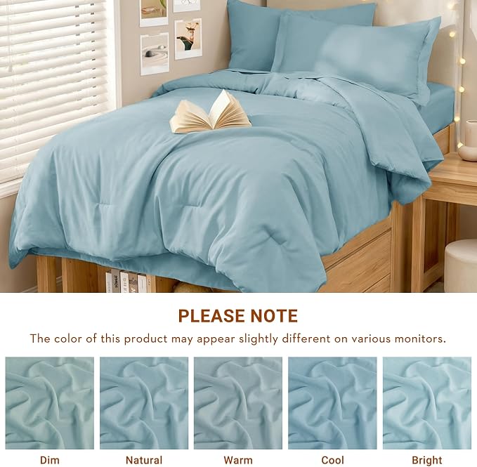 5 Pieces Twin XL Comforter Set, Soft Bed in a Bag Twin XL Size, All Season Bedding Set with Comforter, Flat Sheet, Fitted Sheet, Pillowcases & Shams, Lake Blue