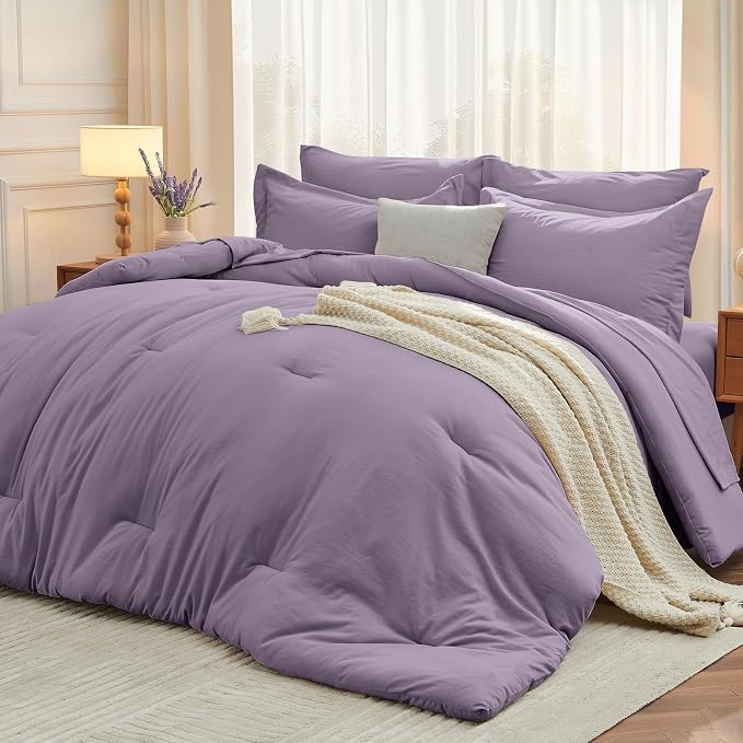 7 Pieces King Comforter Set, Soft Bed in a Bag King Size, All Season Bedding Set with Comforter, Flat Sheet, Fitted Sheet, Pillowcases & Shams, Greyish Purple