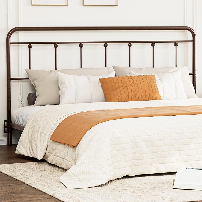 Victorian Metal King Size Headboard Only, Brown | 34"-44.6" Adjustable Height, Steel King Head Board with Bed Frame Brackets Adapter, Easy Assembly, Farmhouse Vintage Style