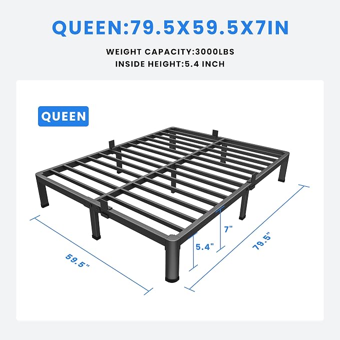 MAF 7 Inch Queen Metal Platform Bed Frame with Round Corner Legs | Mattress Slide Stopper, 3000 LBS Heavy Duty Steel Slats Support, Noise Free, No Box Spring Needed, Easy Assembly, Anti-Slip