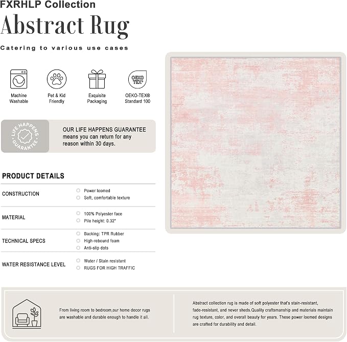 Area Rug Living Room: 4x4 Modern Washable Soft Carpet Pink White | For Bedroom Dining Room Farmhouse Nursery Hallway Office,Modern Abstract,Machine washable,Non-Slip,Stain Resistant,Indoor