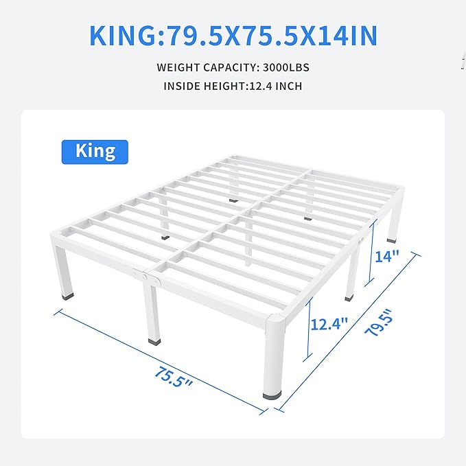 MAF 14 Inch King Metal Platform Bed Frame White with Round Corner Legs | Mattress Baffle, 3000 LBS Heavy Duty Steel Slat Support, Noise Free, No Box Spring Needed, Easy Assembly, 12.4" Storage Space