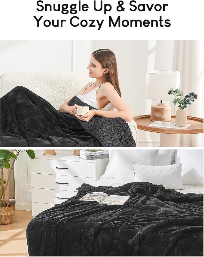 Cottonblue Weighted Blanket 20lbs for Adults Teens Queen Size 60x80in Soft | Cozy Sherpa Fleece Flannel Weighted Blankets Throw for Sleep Calm Relax, Warm Fuzzy Fur Black Heavy Blanket for Bed Couch