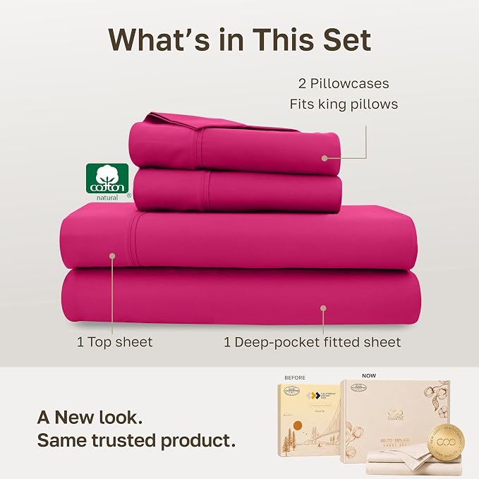 California Design Den Soft 100% Cotton Sateen Hotel Sheets King, Hot Pink | 400 Thread Count Backed by Good Housekeeping Seal, 16" Deep Pocket, All-Around Elastic, Durable, Easy Care, 4 Pc Set