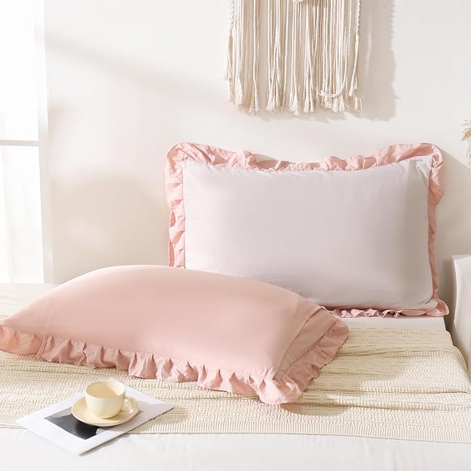 Merryword Pink Pillow Shams Beige and Pink Reversible Queen Pillowcases Cute Pillow Cover Set of 2 Soft Shabby Chic Ruffled Pillowcases 2 Pack (Queen (20''x30''), Beige Pink)