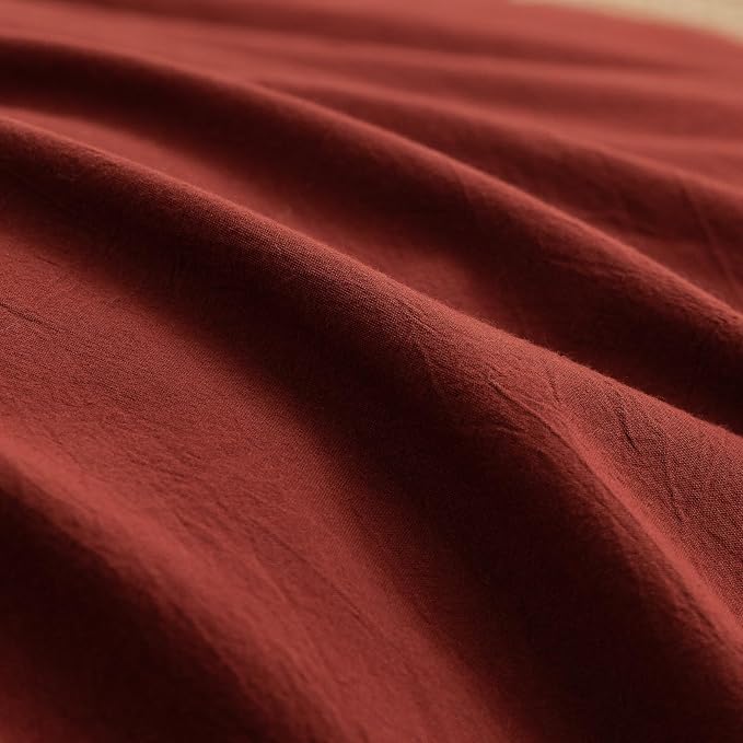 BESTOUCH Cotton Solid Duvet Cover Set Fired Brick Red Oversized Full | 100% Washed Cotton, Soft Wrinkle Texture, Hidden Zipper, 8 Ties, Breathable Lightweight Durable Comfy, 3 Pcs No Insert