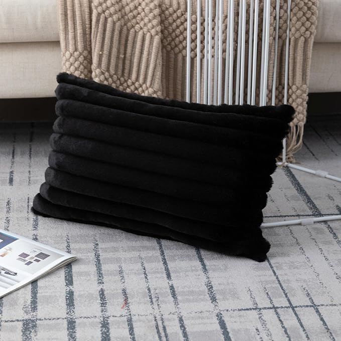 ZLINA Black Striped Faux Fur Throw Pillow Covers 12 x 20 Inch | 2‑Pack, boho striped pillow covers,velvet back,fuzzy plush cushion covers , for sofa bed livingroom home decor