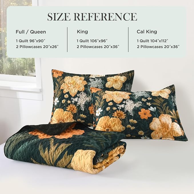 Andency California King Quilt, Cal King Oversized Green Floral Bedspread | 3 Pieces Golden Boho Summer Flower Botanical Summer Bedspreads with 2 Shams, Reversible Polyester for All Seasons, 112"x104"