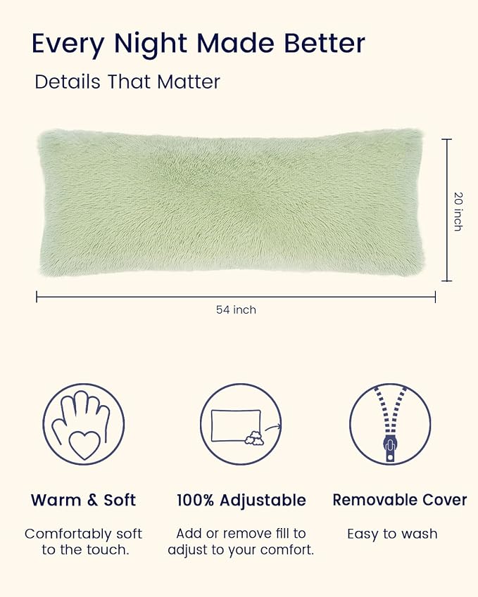 ZonLi Fluffy Body Pillow, Full Body Pillows for Adults, Long Pillow for Sleeping with Removable Cover and Adjustable Filling for Side Sleeper & Pregnancy, Large and Firm, Machine Washable (Green)