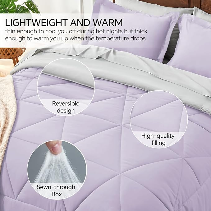 BEDELITE Twin Comforter Set 5 Pieces, Reversible Lavender Bed in A Bag | Soft All Season Down-Alternative Comforter, Sheets, Pillowcases & Shams, OEKO-TEX Certified Bedding for Bedrrom, Guest Room