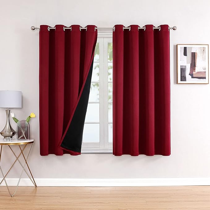 ChrisDowa 100% Blackout Curtains for Bedroom 63 Inches Long 2 Panels Set | 2 Thick Layers, Thermal Insulated, Light Blocking, Grommet, Window Treatment, Living Room Drapes, Burgundy, 52 x 63 Inch