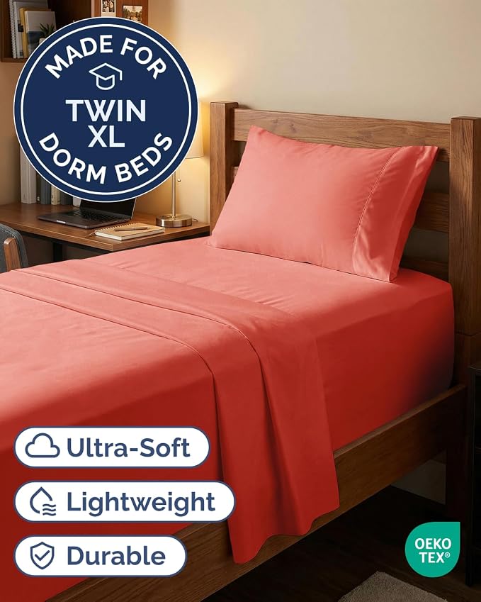 Extra Deep Twin XL Sheet Set - 3 Piece College Dorm Room - Coral | Soft, Breathable & Cooling, Easily Fits 18 to 24 inch Mattress, Wrinkle Free & Fade Resistant with Extra Deep Pockets