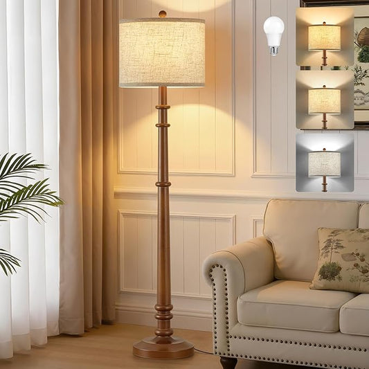 Floor Lamps for Living Room - 60" Farmhouse Floor Lamp with Adjustable Color Temperatures - Vintage Standing Lamp Reading Light with Linen Shade Rustic Tall Lamp for Bedroom Office, Dining Room, Wood