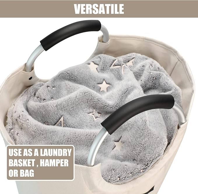 DOKEHOM 125L X-Large Laundry Basket Bag, Collapsible Tall Hamper, Beige | Freestanding tall washing bin & foldable laundry bag. Extra large clothes storage basket with durable sturdy handles