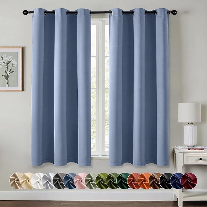 MIULEE Blackout Curtains for Bedroom 2 Panels 40 x 45 Inch Long Denim Blue | Thermal Insulated, Living Room Darkening Grommet Drapes, Noise Reducing, Light Blocking Window Treatments