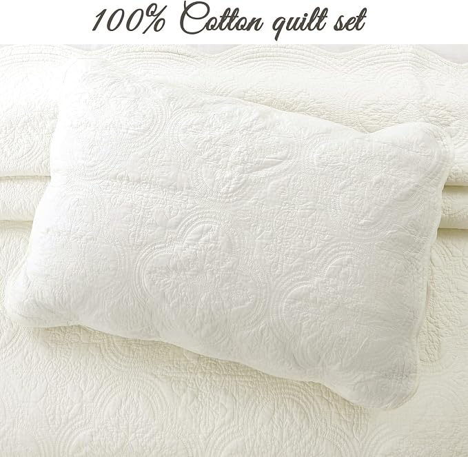 Cozy Line Home Fashions 100% Cotton Medallion Off White Matelasse Embossed Bedding Quilt Set, Reversible Lightweight Bedspread, Coverlet for All Season (Blantyre - Ivory, Queen - 3 piece)