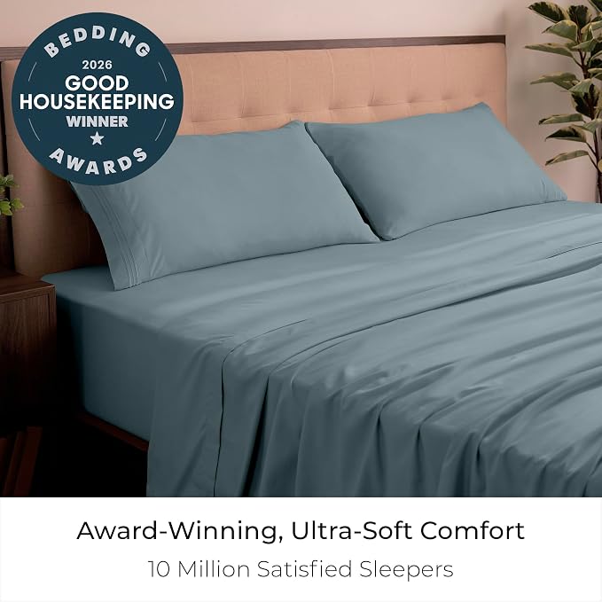 Mellanni Iconic 4-Piece, Ultra Soft Sheet Set (California King, Spa Blue) | 10M+ Sleepers. Lab-tested: Sleeps Cool, Stays Bright, Strong, Smooth. Good Housekeeping Best Bedding, 7 yrs running.