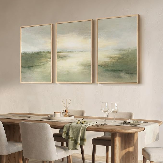 Large Framed Sage Green Abstract Landscape Wall Art for Living Room, 24x36 | Green nature pictures, Canvas print, Wood frame, 3 piece paintings, Modern rustic artwork, Wall decor for bedroom dining room