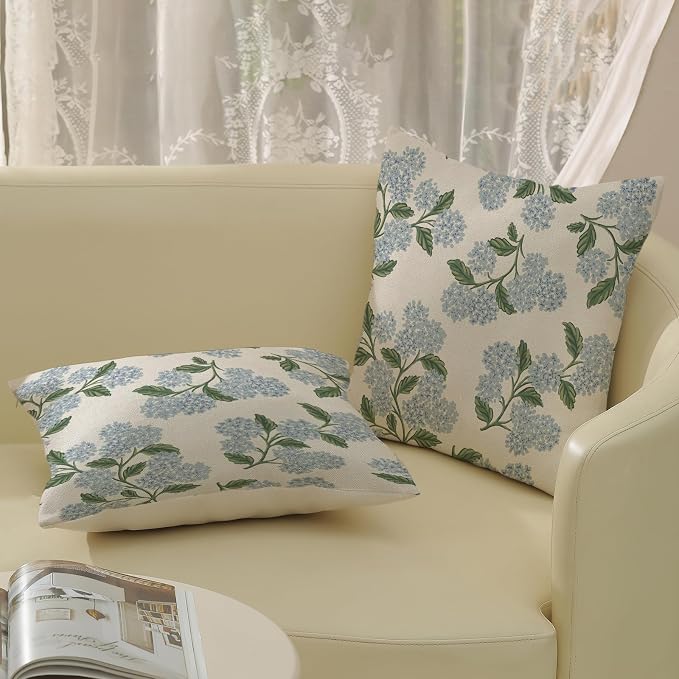 Spring Pillow Covers 16x16 Inch 2 Pcs Navy Blue Sage Green Hydrangea Flower Decor Throw Pillows Vintage Floral Seasonal Summer Outdoor Decoration Pillowcase Linen Cushion Cover for Couch Sofa