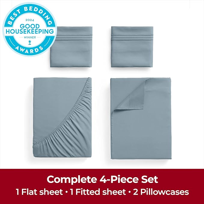 Mellanni Iconic 4-Piece, Ultra Soft Sheet Set (King, Spa Blue) | 10M+ Sleepers. Lab-tested: Sleeps Cool, Stays Bright, Strong, Smooth. Good Housekeeping Best Bedding, 7 yrs running.