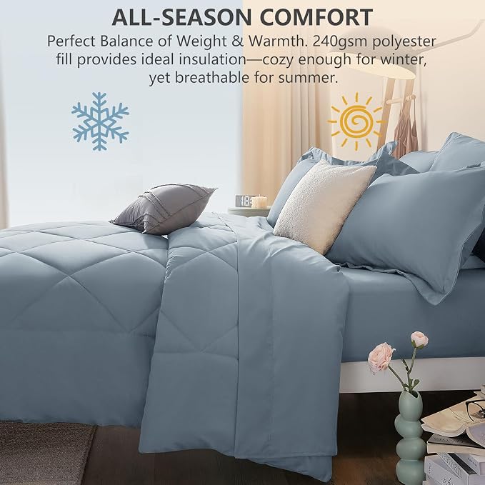 Queen Comforter Set with Sheets Dusty Blue - 7 Pieces Bed in a Bag | OEKO-TEX Certified, All Season, 240GSM Down-Alternative Comforter, Sheets, Pillowcases & Shams, 14" Deep Pocket, Easy Care