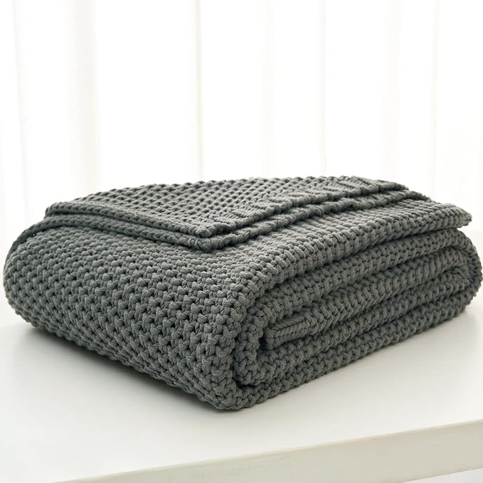 Chunky Cable Knit Throw Blanket Lightweight Grey 100% Organic Cotton Blanket for Sofa Couch Bed Baby Nursery, Rustic Shabby Chic Modern Farmhouse, Gray 60” x 80” Give Laundering Bag