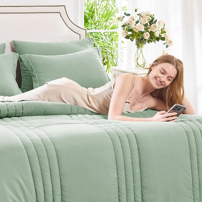 King Size Comforter Set Sage Green- 7 Pieces Bed in a Bag | OEKO-TEX Certified, 240GSM Down-Alternative Comforter, 14" Deep-Pocket Sheets, Shams & Pillowcases, Lightweight