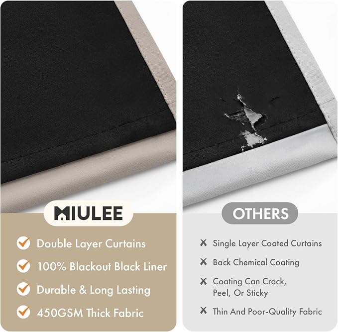 MIULEE Natural 100% Blackout Curtains for Bedroom 96 Inch Long 2 Panels | 2 Thick Layers Thermal Insulated Window Curtains with Black Liner, Noise Reducing Grommet, Drapes for Living Room