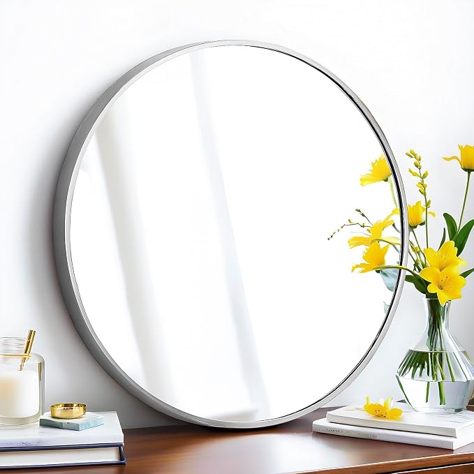 SCWF-GZ 24" Round Mirror Circle Wall Mounted Hanging/Against Wall Silver | HD Crystal Clear No distortion Tempered Glass,Aluminum Frame,Make-Up Mirrors for Bedroom,Entryway,Bathroom,Living Room