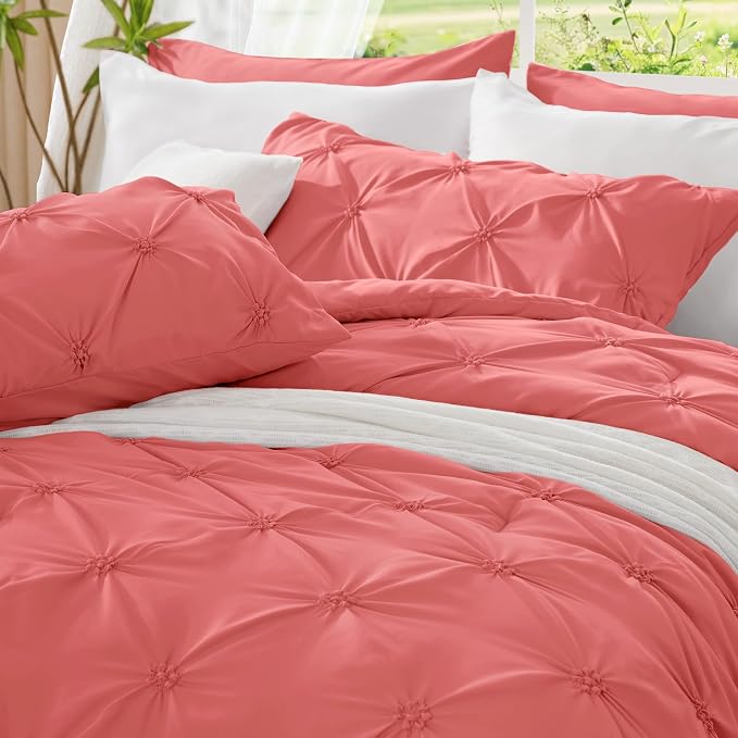 BEDELITE Queen Comforter Set Coral,Lightweight & Soft Comforter | Pintuck Boho Bedding, Warm & Cute Bed Set for All Season,With 2 Pillowcases