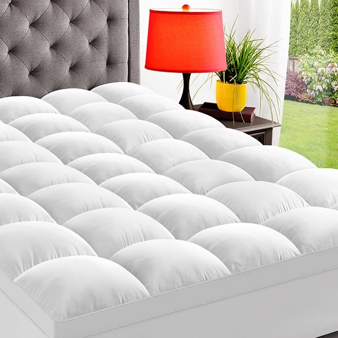 ELEMUSE Full XL Mattress Topper, Thick Pillow Top Bed Topper Mattress Pad | Plush comfort from overfilled down alternative fill. Deep pocket fits Full XL beds for tall sleeper, apartment and guest room