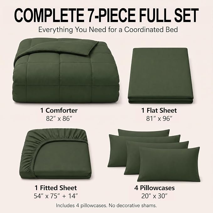 Full Size Comforter Sets Olive Green - 7 Pieces Bed in a Bag | OEKO-TEX Certified, All-Season, Bedroom, Guest Room, Down-Alternative Comforter + Flat & Fitted Sheets + 4 Pillowcases