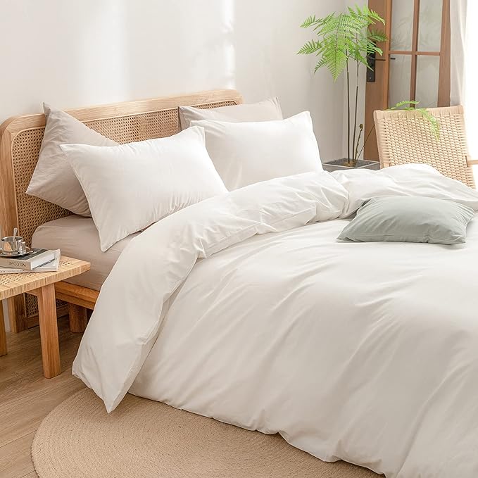 BESTOUCH Cotton Solid Duvet Cover Set Linen Feel Off White California King | 100% Washed Cotton, Soft Wrinkle Texture, Hidden Zipper, 8 Ties, Breathable Lightweight Durable Comfy, 3 Pcs No Insert