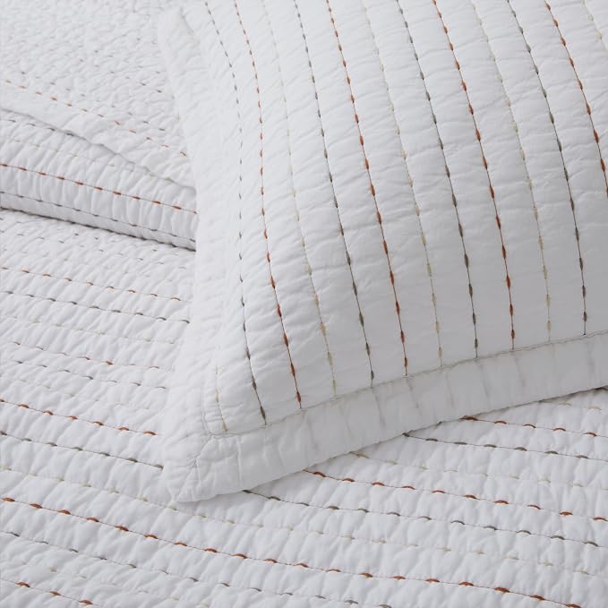 HORIMOTE HOME 100% Cotton King Size Quilt Set, White Pre-Washed Striped Channel Stitch Bedding Set, Cozy Lightweight Bedspreads Coverlet Set with 2 Shams for All Season, 3 Pieces