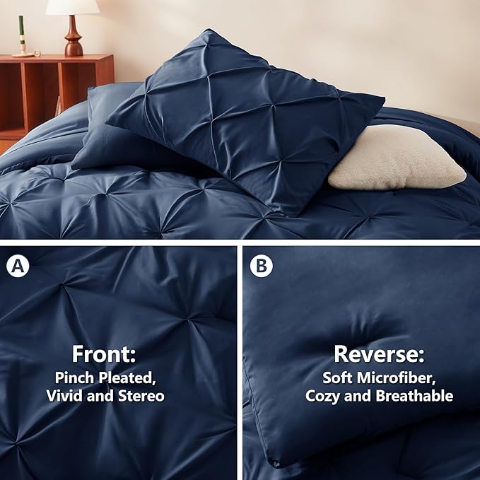 Twin Comforter Set Navy Blue, 5 Pieces Pintuck Bed in a Bag | College Dorm Essentials, OEKO-TEX 100 Certified, 240GSM All Season, Down-Alternative Comforter, Sheets, Pillowcase & Sham