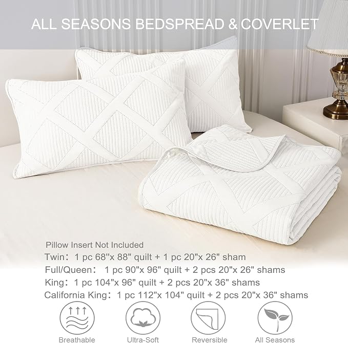 Exclusivo Mezcla Twin Size Quilt Set, White | Soft Bedspreads with 1 Pillow Sham, Modern Striped Pattern, Lightweight Bedding Set Coverlets for All Seasons, 68x88 Inch
