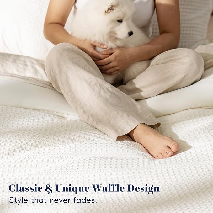 PHF Soft Waffle Duvet Cover Queen Size- Durable Breathable Waffle Weave Duvet Cover(90"x90") with 2 Pillow Shams, 3 Pieces Luxury Textured Bedding Set for All Season, Cream