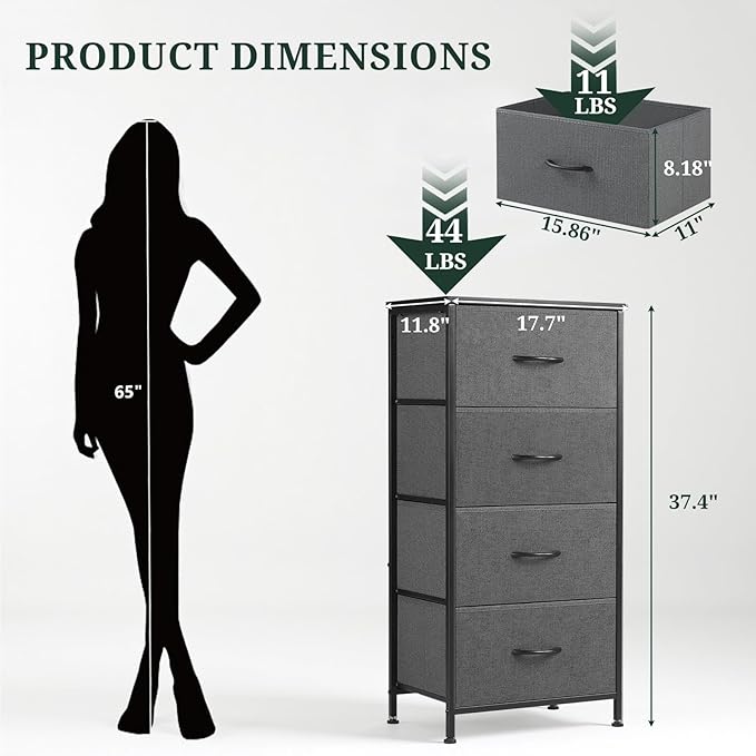 4 Drawers Dresser for Bedroom Fabric Storage Tower with Wooden Top | Steel Frame Tall Chest of Drawers for Closet, Entryway, Dorm, Gray