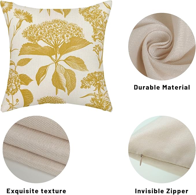 Mustard Yellow Pillow Covers 20x20 Inch 2 Pcs Boho Vintage Floral Decor Throw Pillows Hydrangea Flower Summer Outdoor Farmhouse Neutral Accent Decoration Pillowcase Linen Cushion Cover for Sofa
