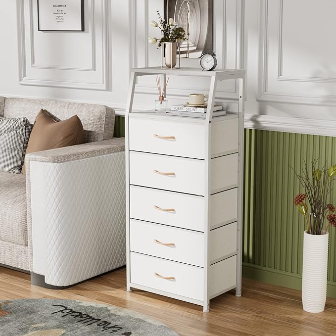 Furnulem White Tall Dresser for Bedroom, 5 Fabric Bins Tall Nightstand | Dorm Dresser, Vertical Storage for Closet, Chest of Drawer for Entryway, Nightstand Bedside Table, Metal Frame,Wood Top