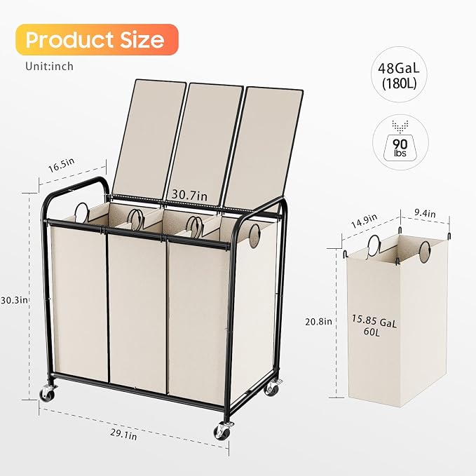 180L Laundry Sorter 3 Section, Rolling Laundry Basket with Wheels and Lid | 47.55 Gal Laundry Hamper, 3 Separated Removable Bags, Lockable Wheels, Dirty Clothes Hamper for Laundry Room Organizer, White