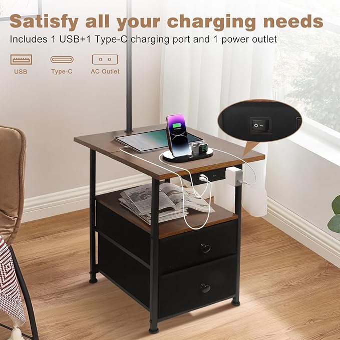 PESRAE Floor Lamp with Table & 2 Drawers, End Table with Lamp, Rustic Brown | Charging Station with USB, Type-C & AC Outlet; 9W LED Bulb with 3 Color Temperatures for Bedroom, Living Room & Home Office
